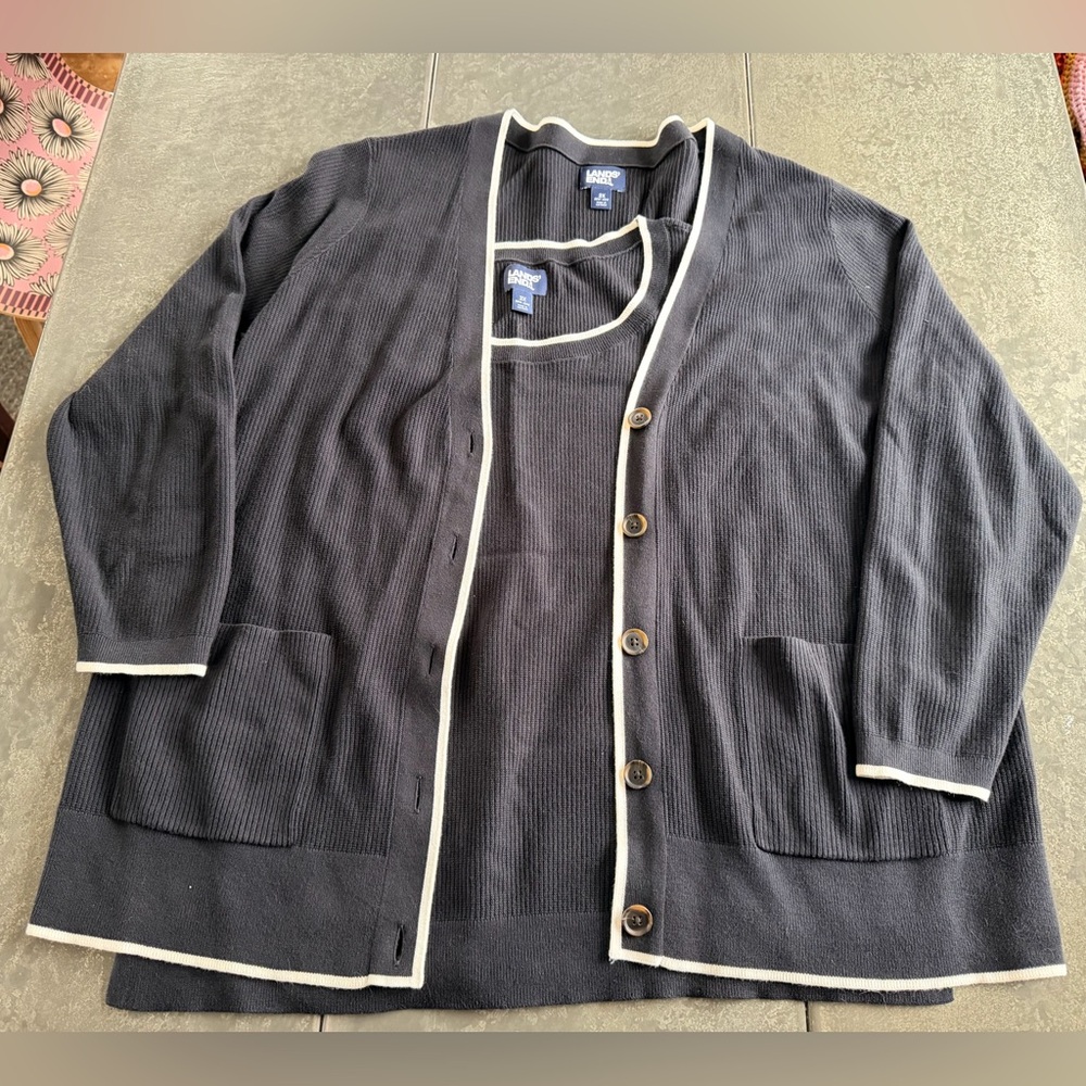 Lands End Sweater Set Womens 2X Black Button 100% Cotton Cardigan Two Piece
